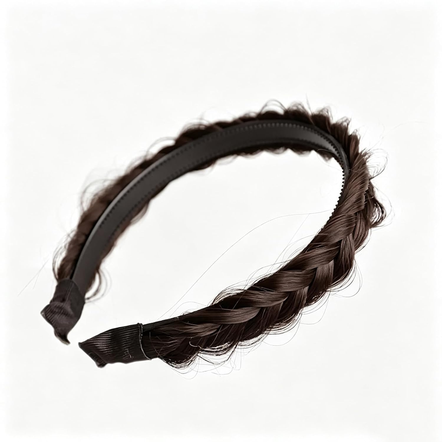 Dark Brown Fishbone Braided Headband with Wavy Hair Design
