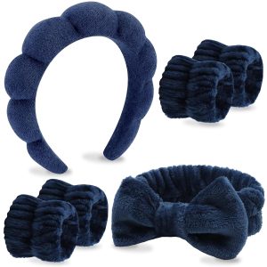 6 Pieces Dark Blue Bow Spa Headbands with Matching Wristbands
