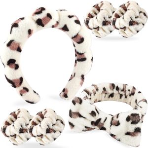 6 Pieces Plush Spa Headband and Wristband Set with Bow Detail for Skincare