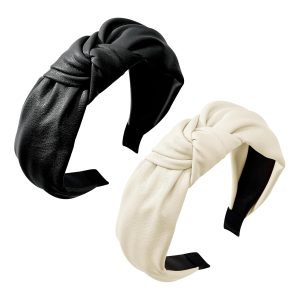 2 Pieces Knotted Leather Headbands in Black and White