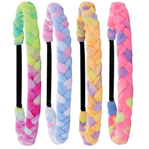 4 Pieces Adjustable Rainbow Braided Headbands with Stretch Fabric for Girls